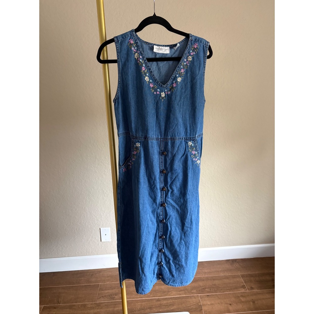 Vintage Petite Sophisticate Dress Denim‎ Floral Embroidered Midi PM 80s Cottage